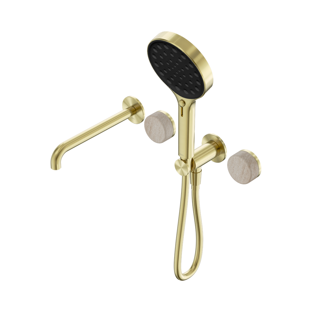 Nero Serenity Progressive Shower System With Spout Rome Travertine Handle & Serenity Hand Shower Brushed Gold