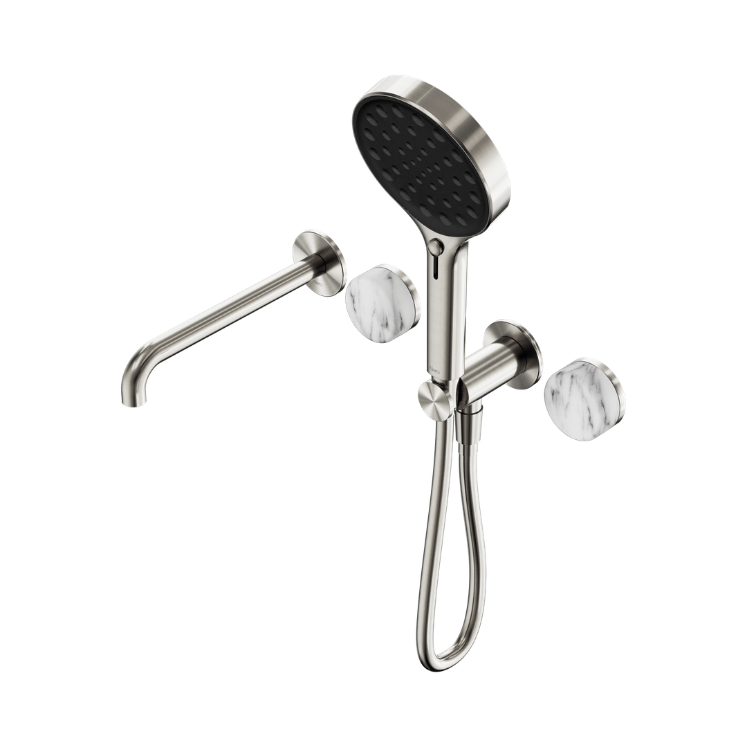 Nero Serenity Progressive Shower System With Spout Arabescato Corchia Handle & Serenity Hand Shower Brushed Nickel