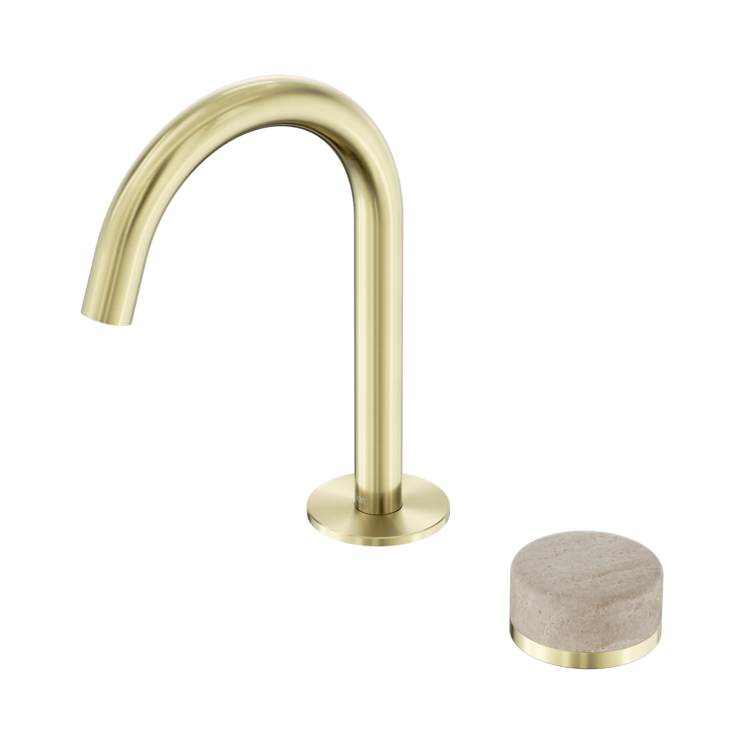 Nero Serenity Progressive Basin Mixer Arc Spout With Rome Travertine Handle Brushed Gold