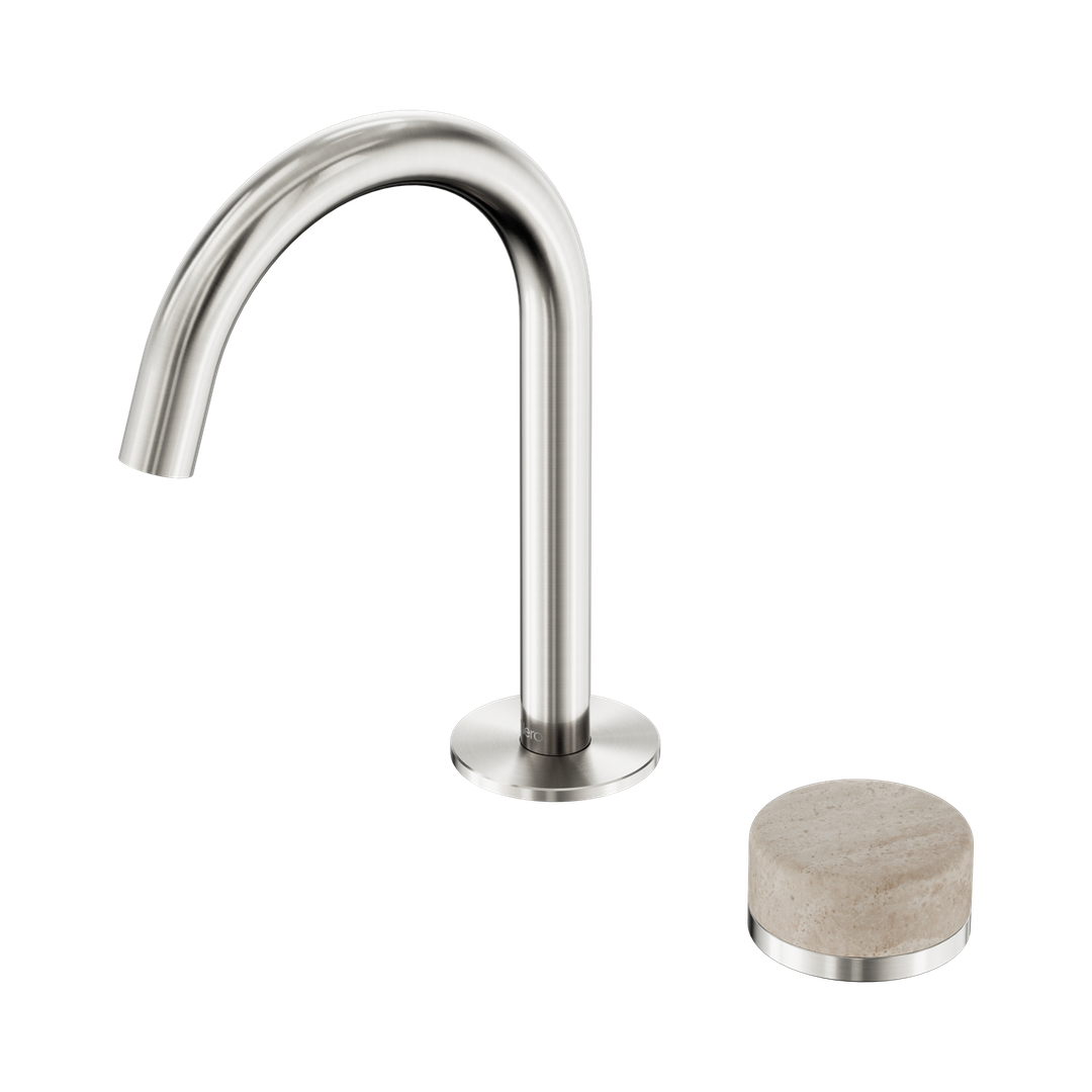 Nero Serenity Progressive Basin Mixer Arc Spout With Rome Travertine Handle Brushed Nickel