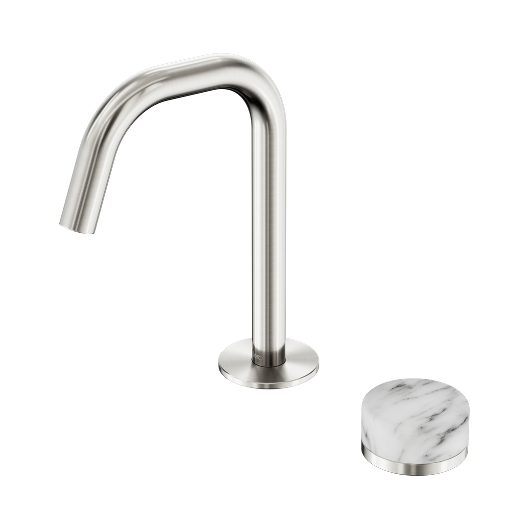 Nero Serenity Progressive Basin Mixer Edge Spout With Arabescato Corchia Handle Brushed Nickel