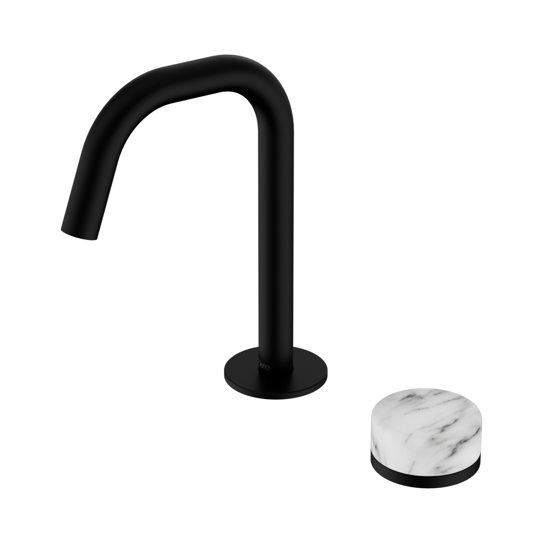 Nero Serenity Progressive Basin Mixer Edge Spout With Arabescato Corchia Handle Matte Black