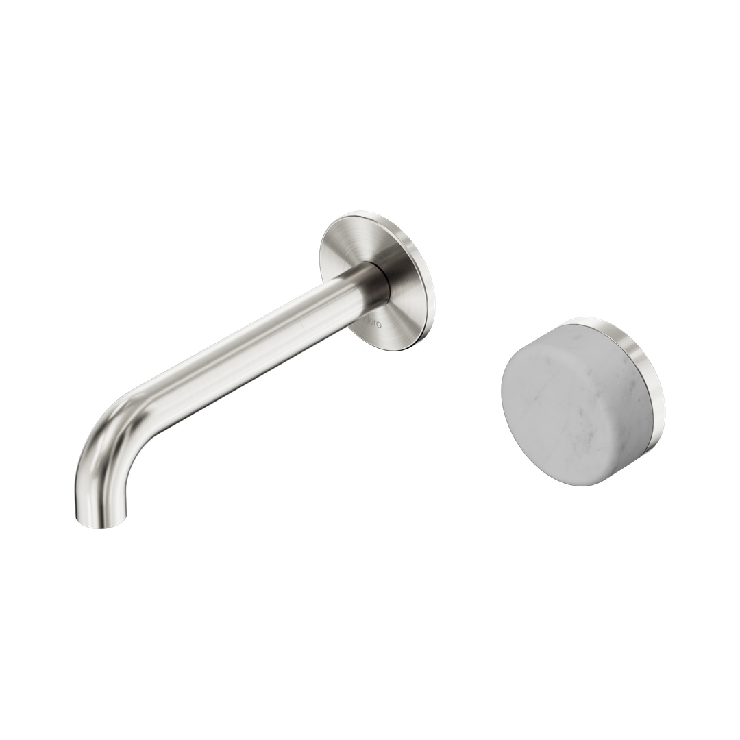 Nero Serenity Progressive Wall Basin Mixer 160Mm Spout With Carrara Handle Brushed Nickel