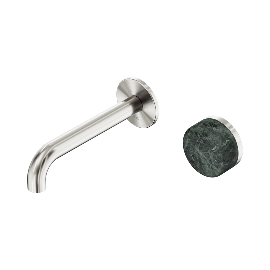 Nero Serenity Progressive Wall Basin Mixer 160Mm Spout With Verde Alpi Handle Brushed Nickel
