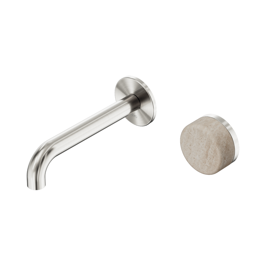 Nero Serenity Progressive Wall Basin Mixer 160Mm Spout With Rome Travertine Handle Brushed Nickel