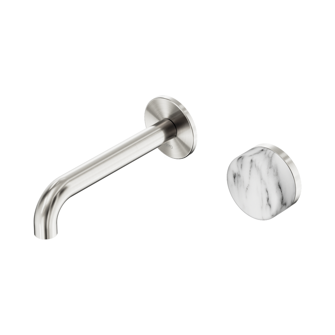 Nero Serenity Progressive Wall Basin Mixer 160Mm Spout With Arabescato Corchia Handle Brushed Nickel