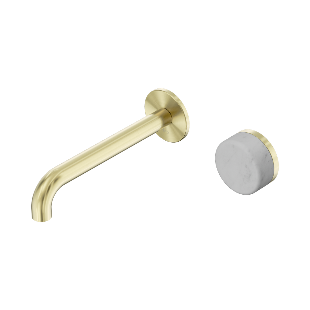 Nero Serenity Progressive Wall Basin Mixer 185Mm Spout With Carrara Handle Brushed Gold
