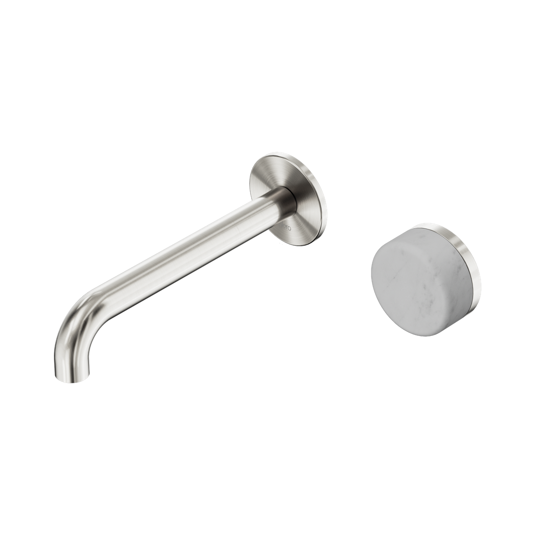 Nero Serenity Progressive Wall Basin Mixer 185Mm Spout With Carrara Handle Brushed Nickel