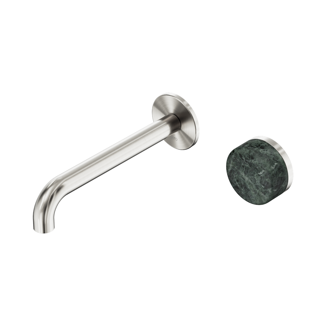 Nero Serenity Progressive Wall Basin Mixer 185Mm Spout With Verde Alpi Handle Brushed Nickel