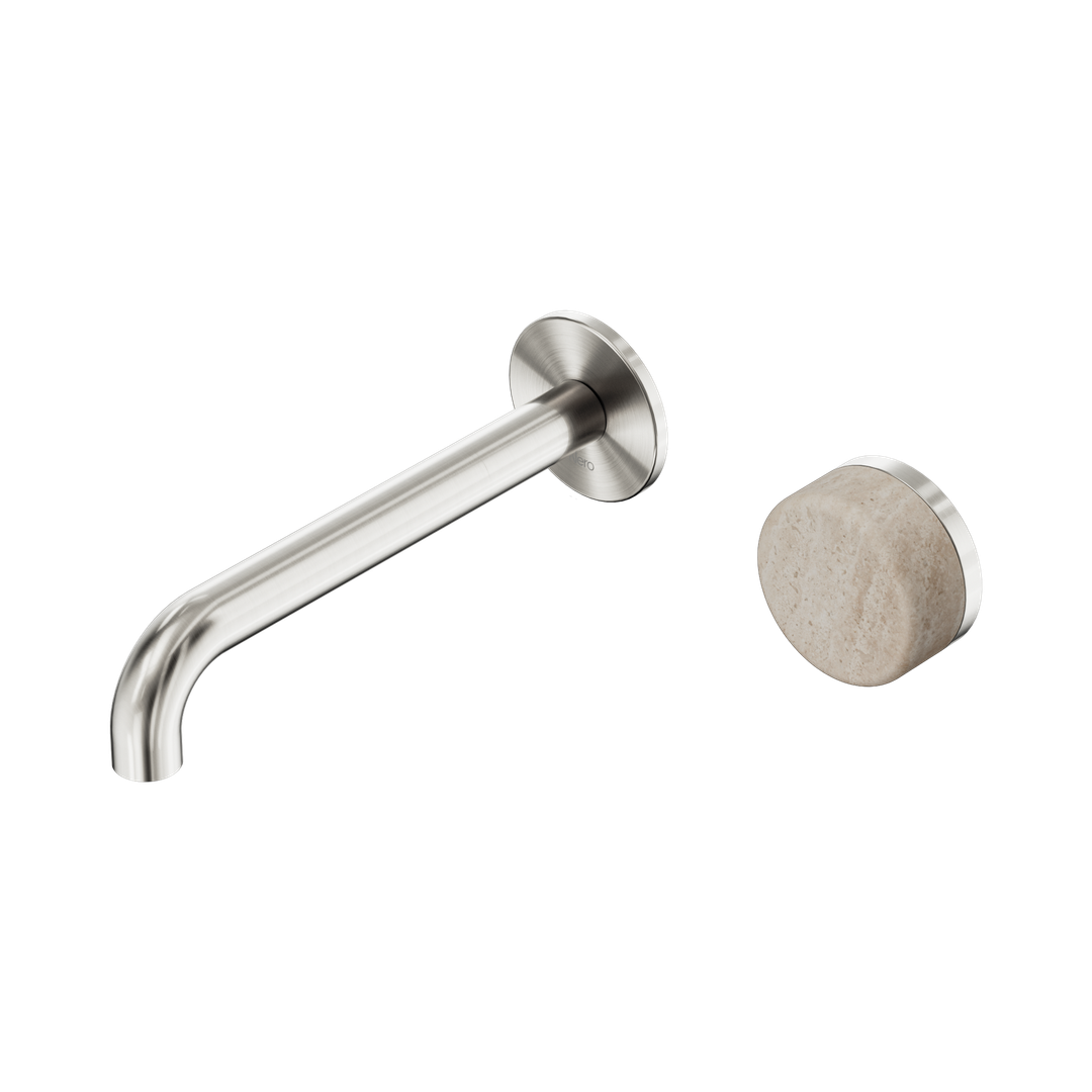 Nero Serenity Progressive Wall Basin Mixer 185Mm Spout With Rome Travertine Handle Brushed Nickel