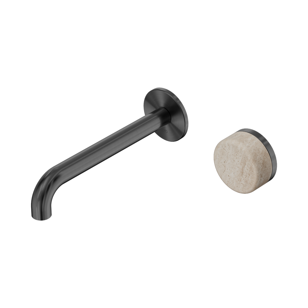 Nero Serenity Progressive Wall Basin Mixer 185Mm Spout With Rome Travertine Handle Gun Metal