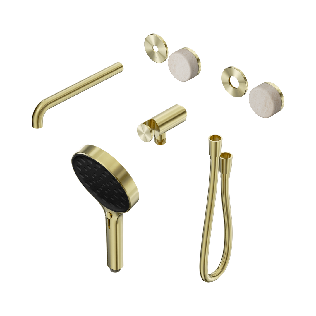 Nero Serenity Progressive Shower With Spout Rome Travertine Handle & Serenity Hand Shower Trim Kit Brushed Gold