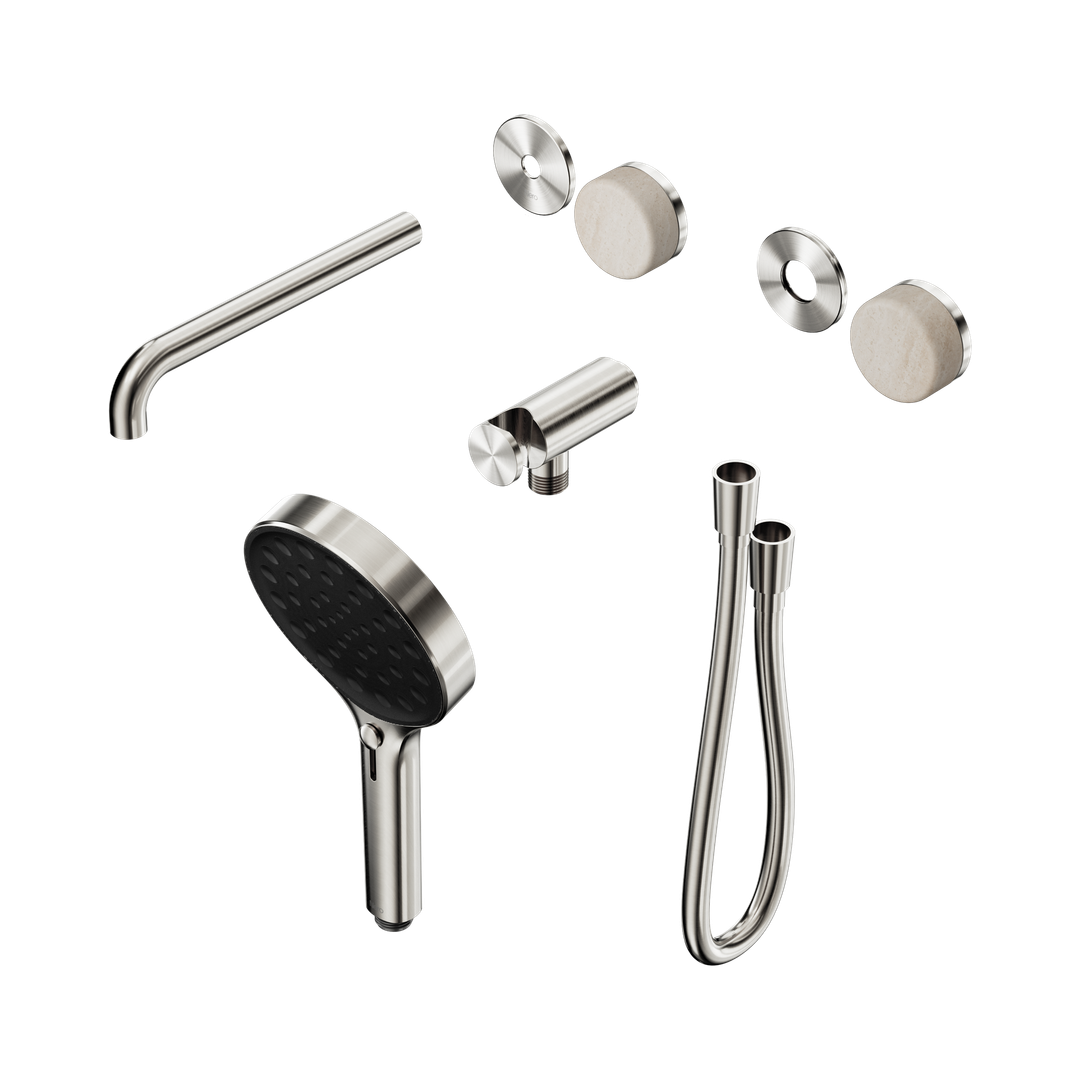 Nero Serenity Progressive Shower With Spout Rome Travertine Handle & Serenity Hand Shower Trim Kit Brushed Nickel