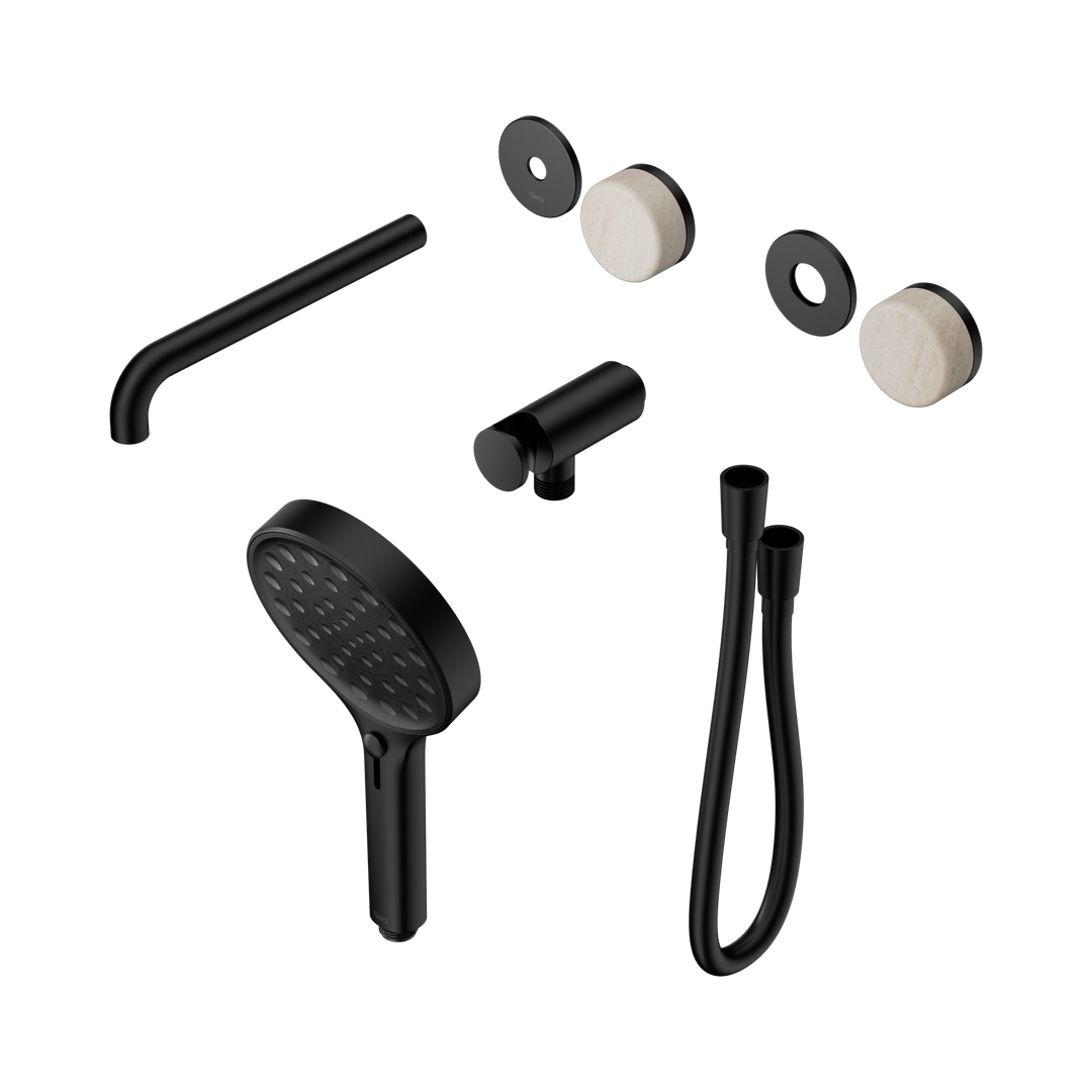 Nero Serenity Progressive Shower With Spout Rome Travertine Handle & Serenity Hand Shower Trim Kit Matte Black