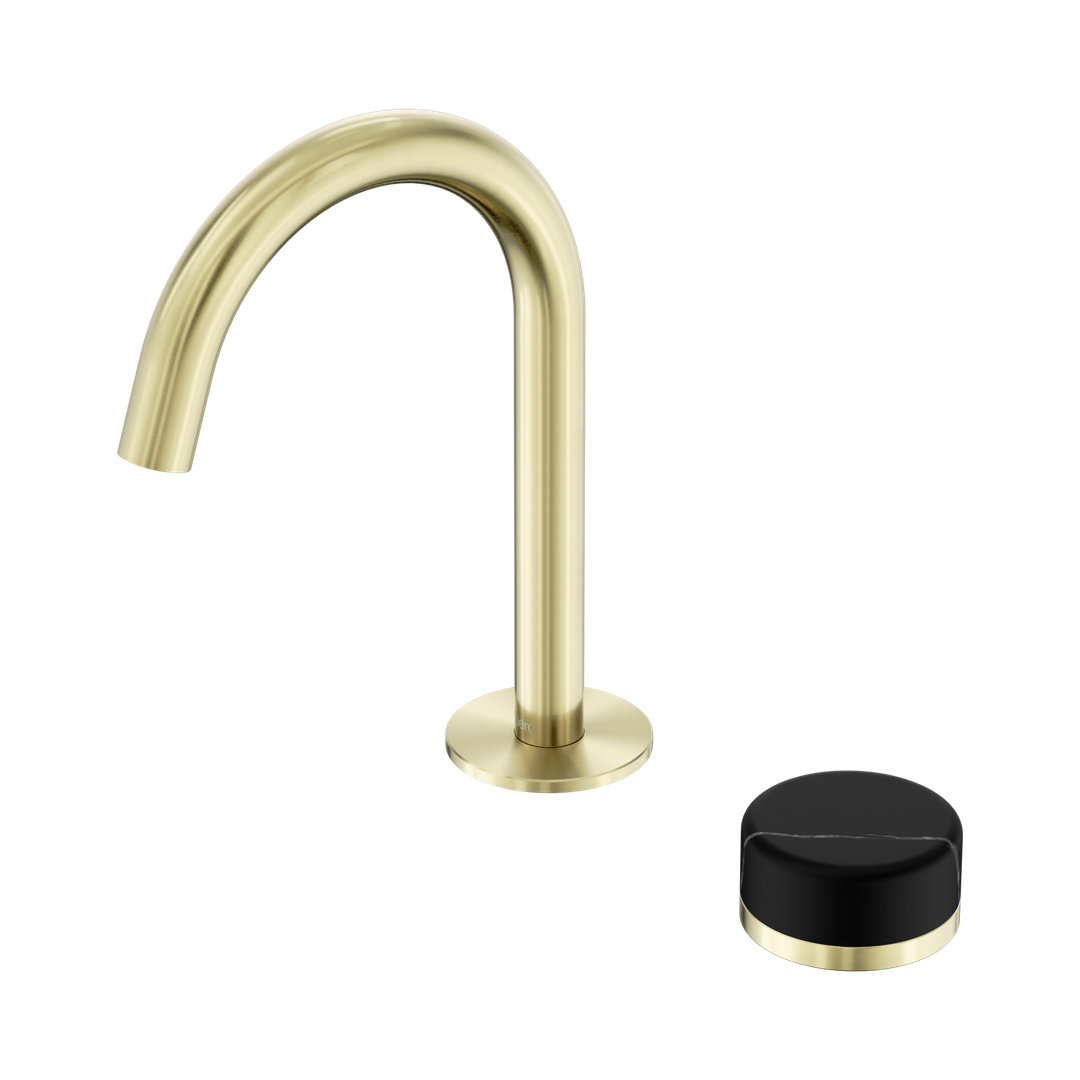 Nero Serenity Progressive Basin Mixer Arc Spout With Marquina Black Handle Brushed Gold