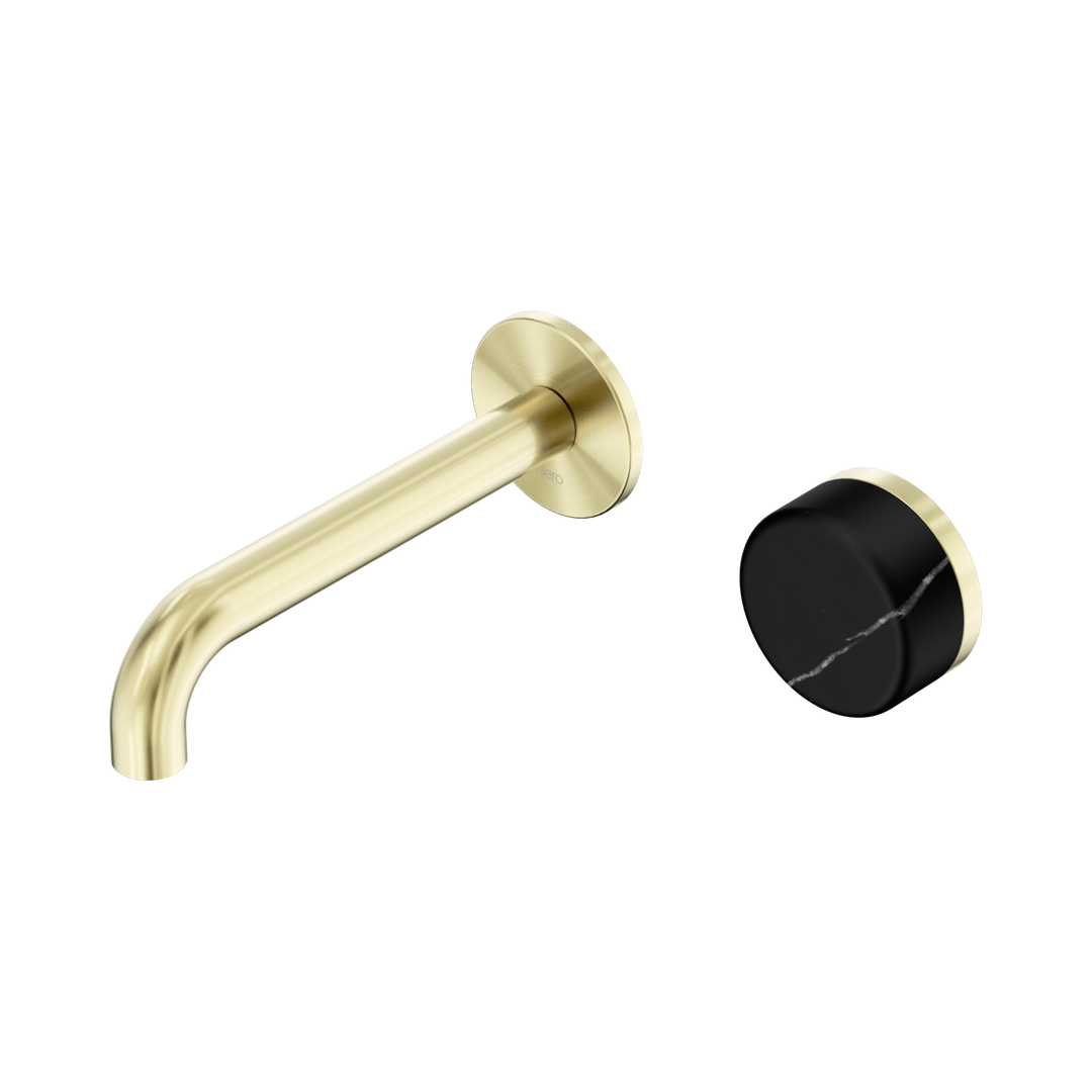 Nero Serenity Progressive Wall Basin Mixer 160Mm Spout With Marquina Black Handle Brushed Gold