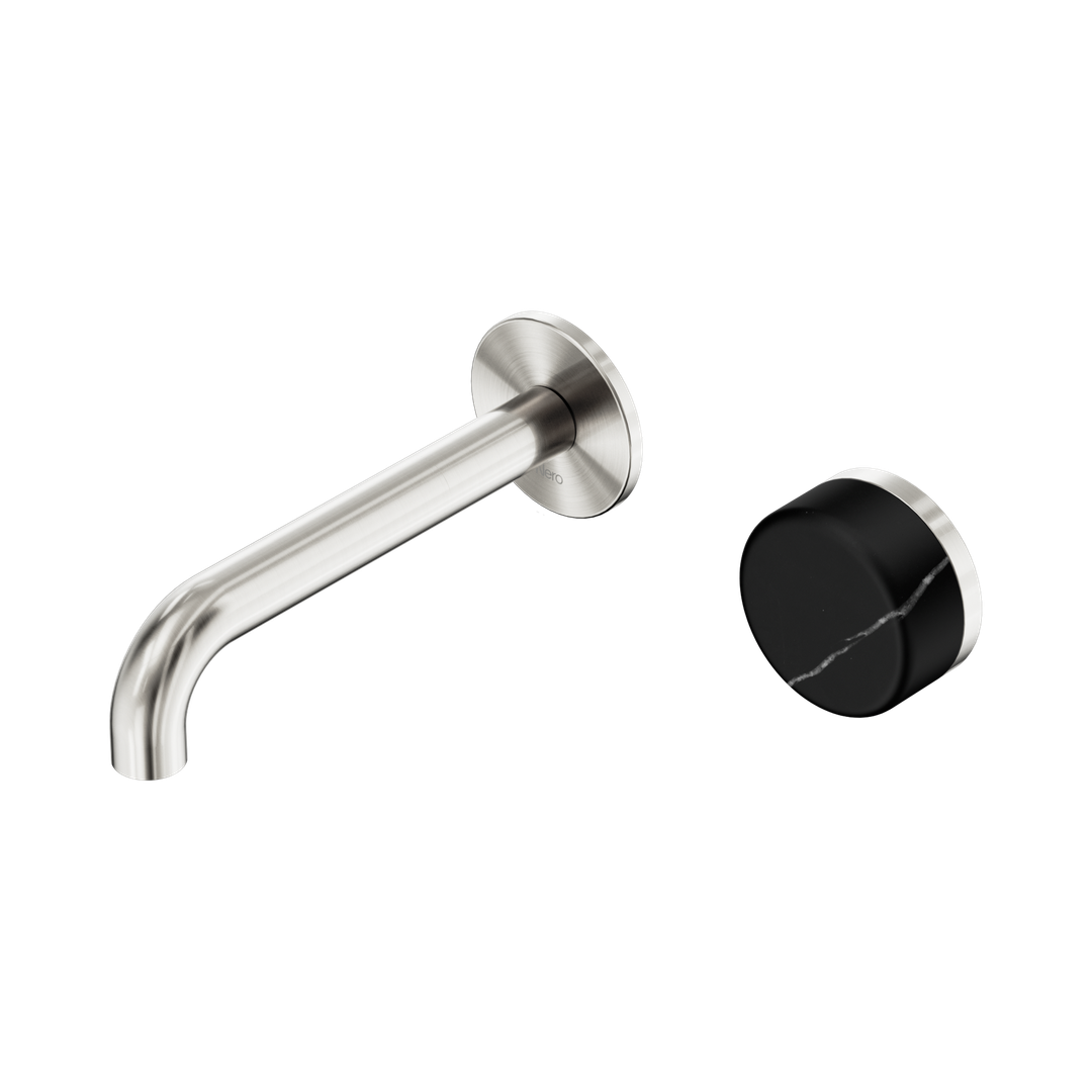 Nero Serenity Progressive Wall Basin Mixer 160Mm Spout With Marquina Black Handle Brushed Nickel