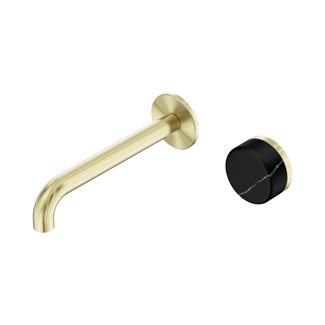 Nero Serenity Progressive Wall Basin Mixer 185Mm Spout With Marquina Black Handle Brushed Gold