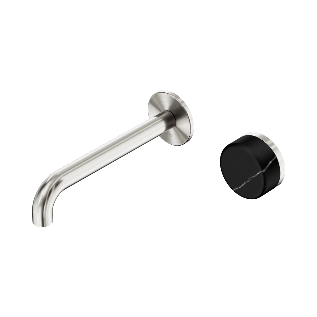 Nero Serenity Progressive Wall Basin Mixer 185Mm Spout With Marquina Black Handle Brushed Nickel