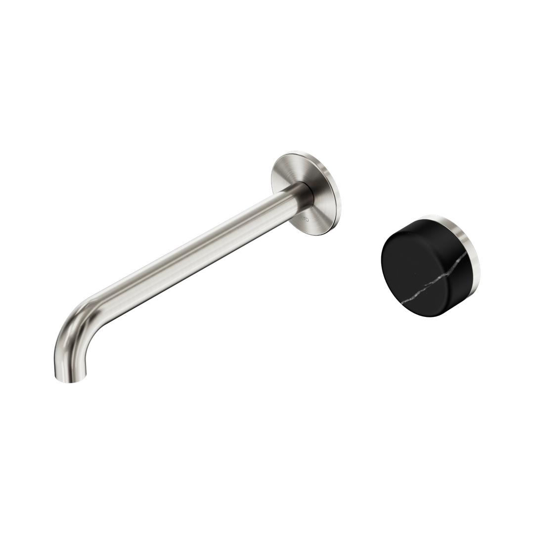 Nero Serenity Progressive Wall Basin Mixer 220Mm Spout With Marquina Black Handle Brushed Nickel