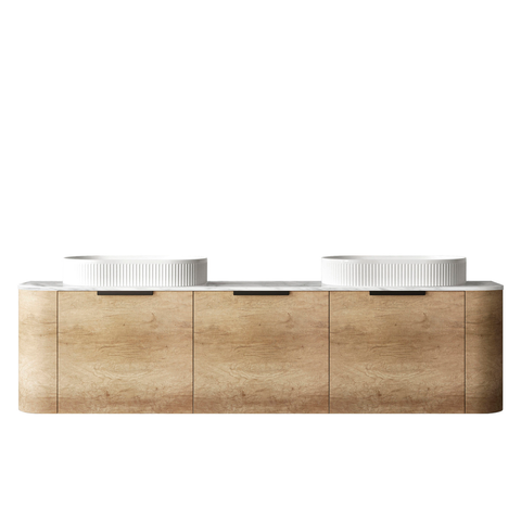 Otti Bondi 1800X460X450 Wall Hung Natural Oak Cabinet For Double Bowls Basin Black Handle