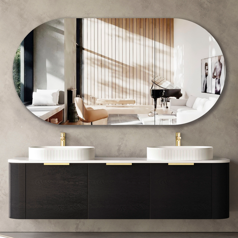 Otti Bondi 1800X460X450 Wall Hung Black Oak Cabinet For Double Bowls Basin Gold Handle