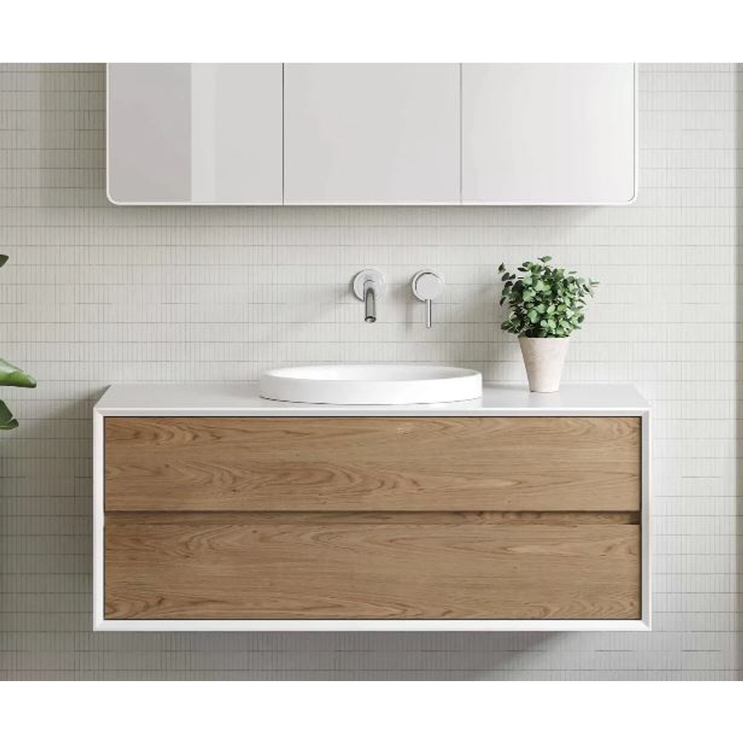 TIMBERLINE EMBRACE VANITY 750MM CENTRE BOWL SILKSURFACE SURROUND WG AC TOP WALL HUNG