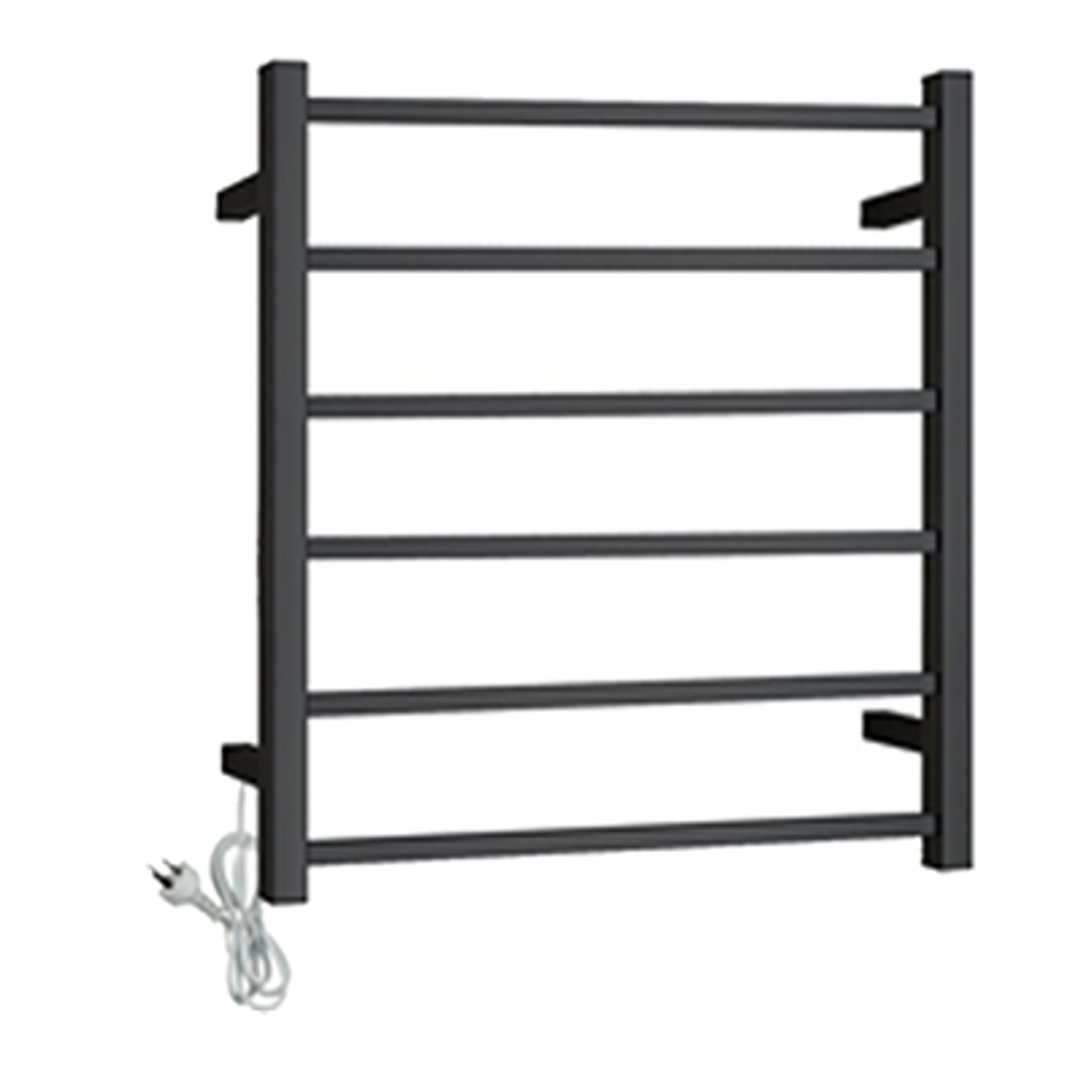 Otti Square Electric Heated Towel Rack 6 Bars Universal Inlet Stainless Steel Black