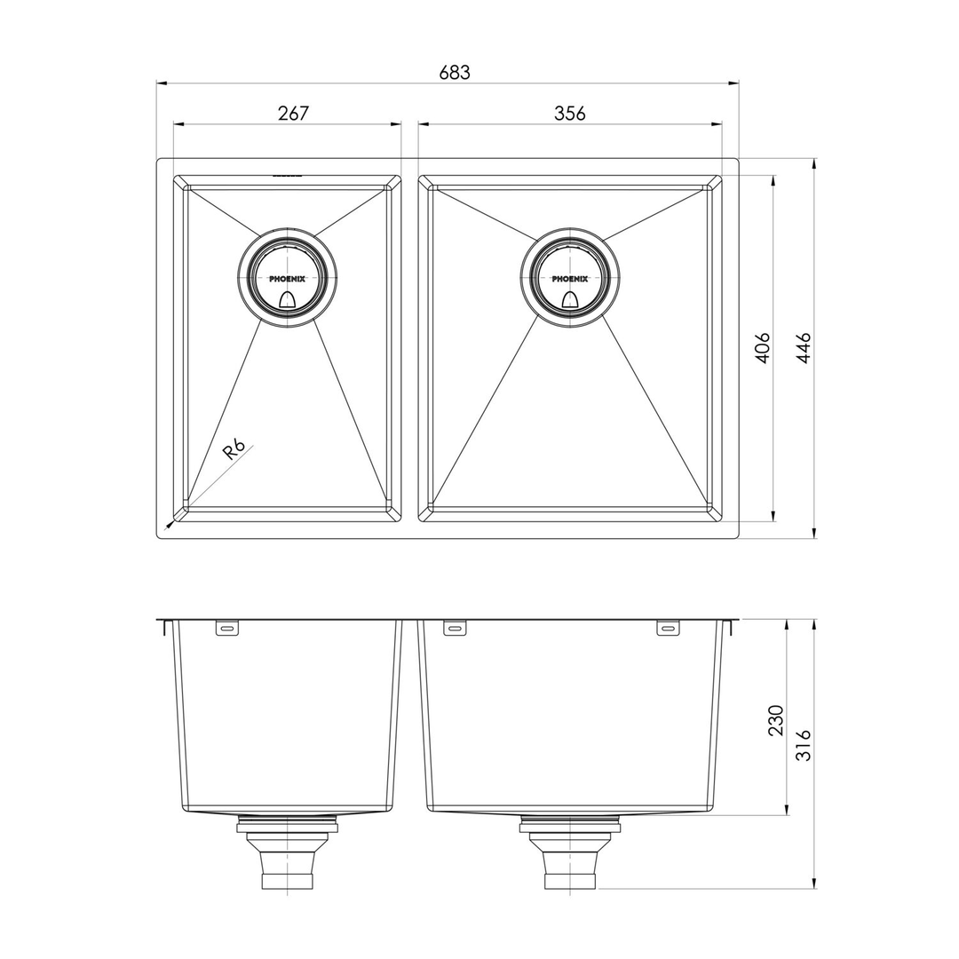 Phoenix 4000 Series 1 & 3/4 Right Hand Bowl Sink Brushed Carbon