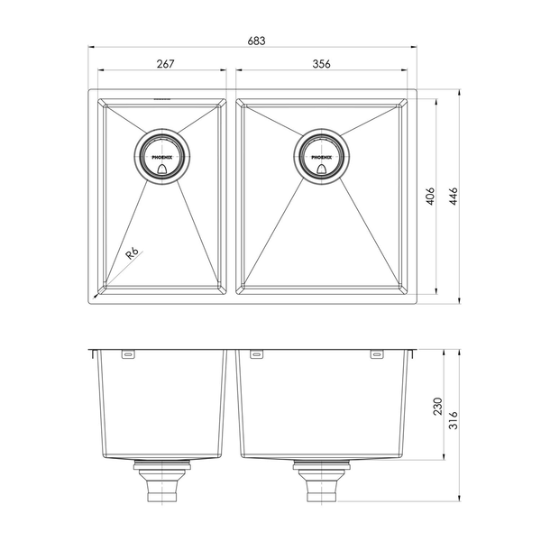 Phoenix 4000 Series 1 & 3/4 Right Hand Bowl Sink Brushed Carbon