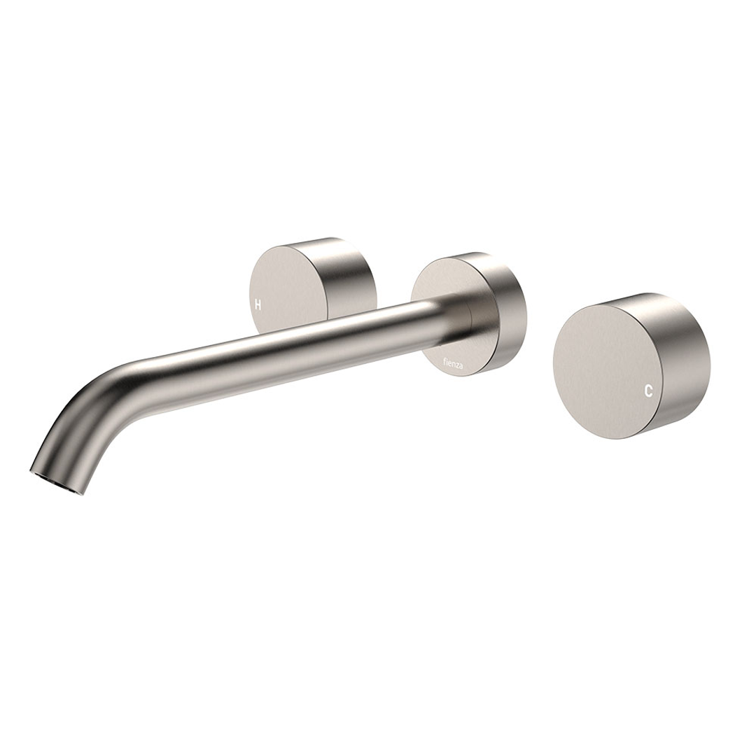 Fienza Kaya Brushed Nickel Round Taps Wall Basin /Bath 220Mm Outlet Set Lf