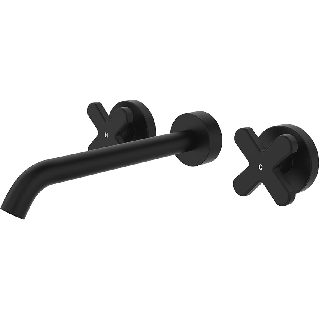 Fienza Kaya Matte Black Cross Taps Wall Basin /Bath 220Mm Outlet Set Lf