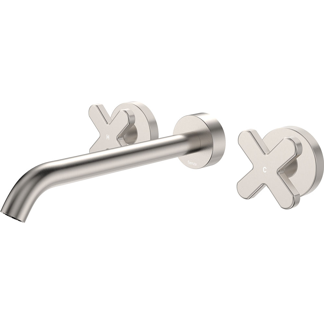 Fienza Kaya Brushed Nickel Cross Taps Wall Basin /Bath 220Mm Outlet Set Lf