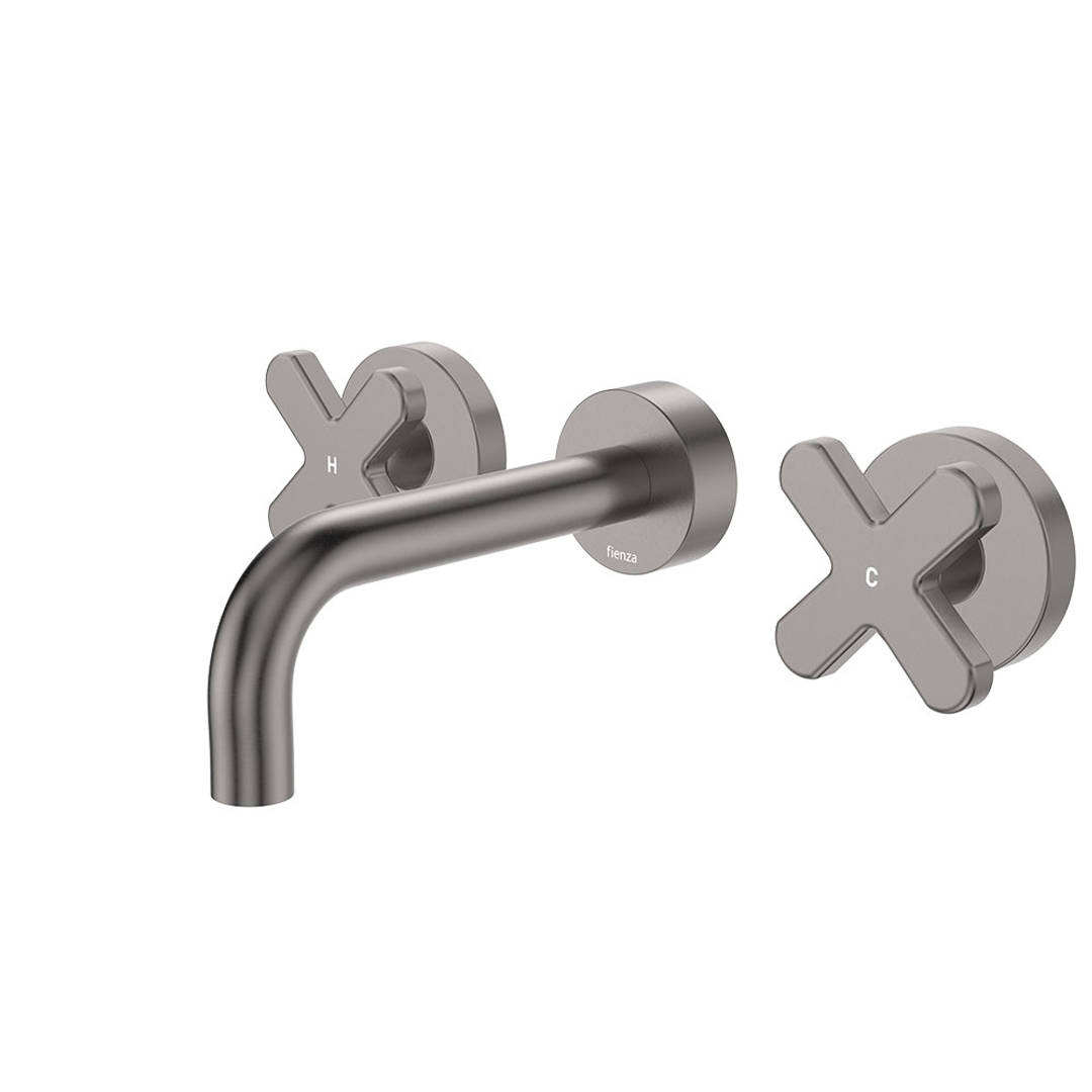 Fienza Kaya Gun Metal Cross Taps Wall Basin /Bath 130Mm Outlet Set Lf