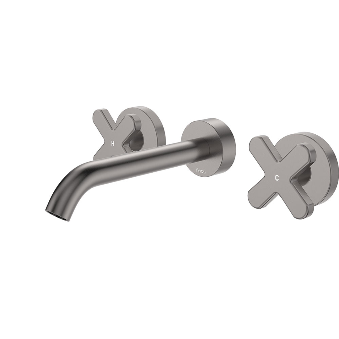 Fienza Kaya Gun Metal Cross Taps Wall Basin /Bath 180Mm Outlet Set Lf