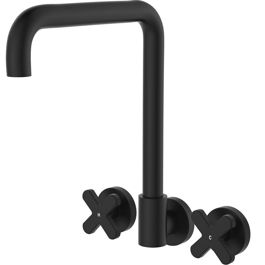 Fienza Kaya Matte Black Cross Taps Squareline Wall Set Lf Sus304 & Lf Brass