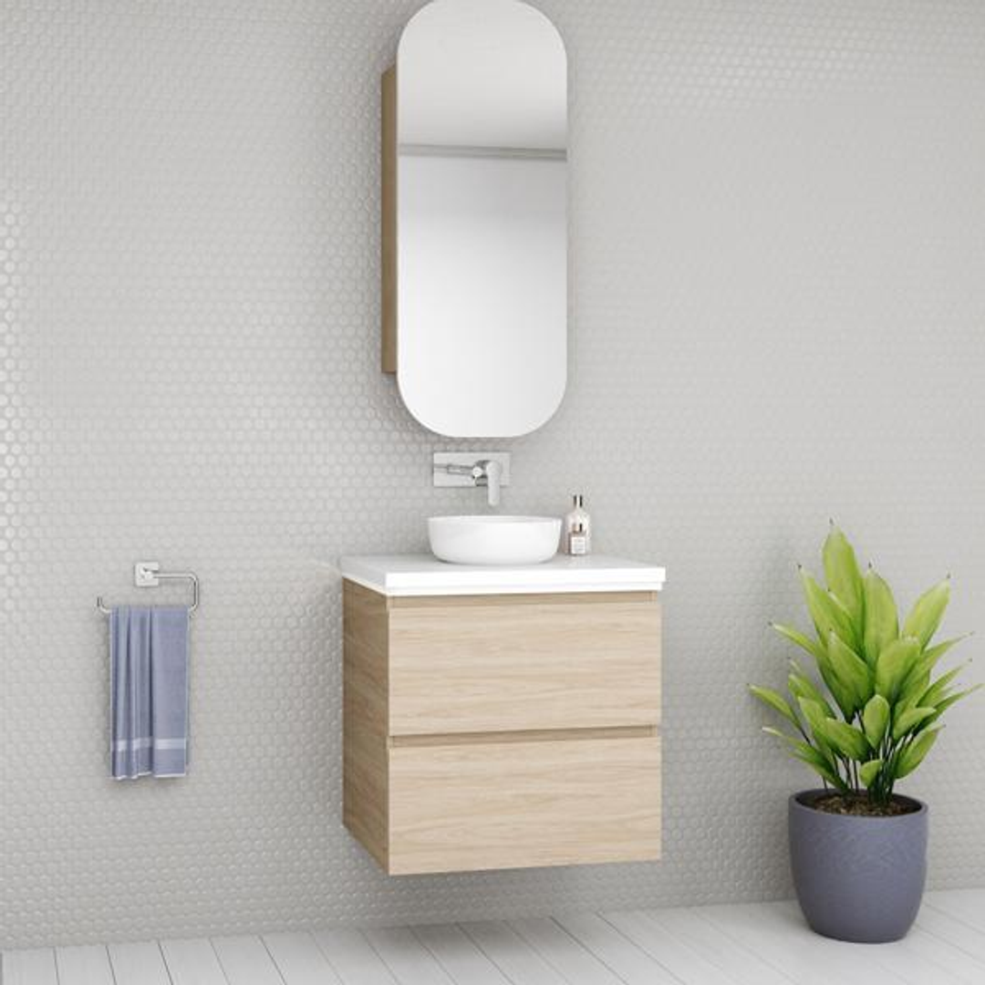 Timberline Oxbow Vanity 750mm 20mm Silk Surface Top With Ceramic Basin Wall Hung