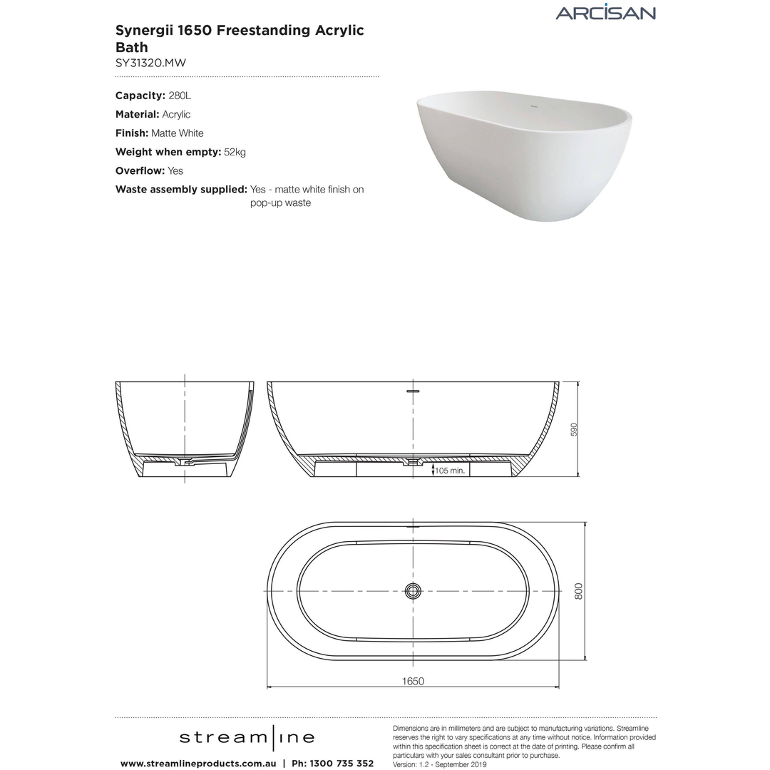 Arcisan Synergii F/Standing Bath Acrylic Matte White  1650mm