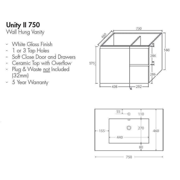 Aspire Unity II 750 Vanity 1 Tap Hole W/Hung C/W Sq Ceramic Top White
