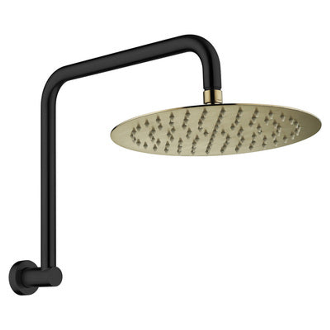 Fienza Kaya Gooseneck Shower Arm Set Matte Black With Urban Brass Head