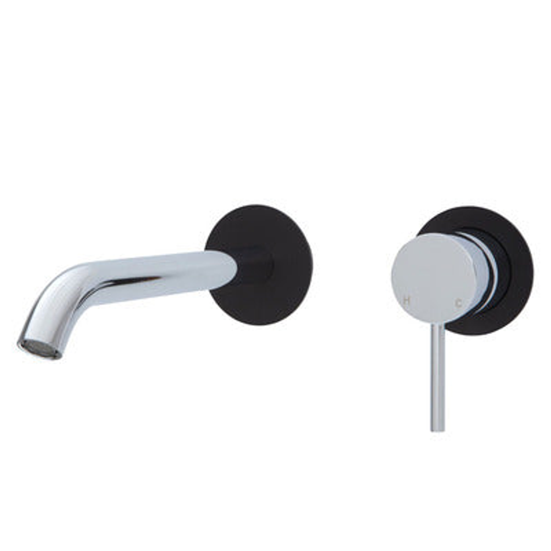 Fienza Kaya Basin/Bath Wall Mixer 200mm Outlet Set Chrome Round Matte Black Plates