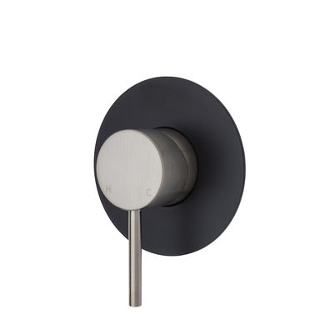 Fienza Kaya Wall Mixer Brushed Nickel Large Round Matte Black Plate