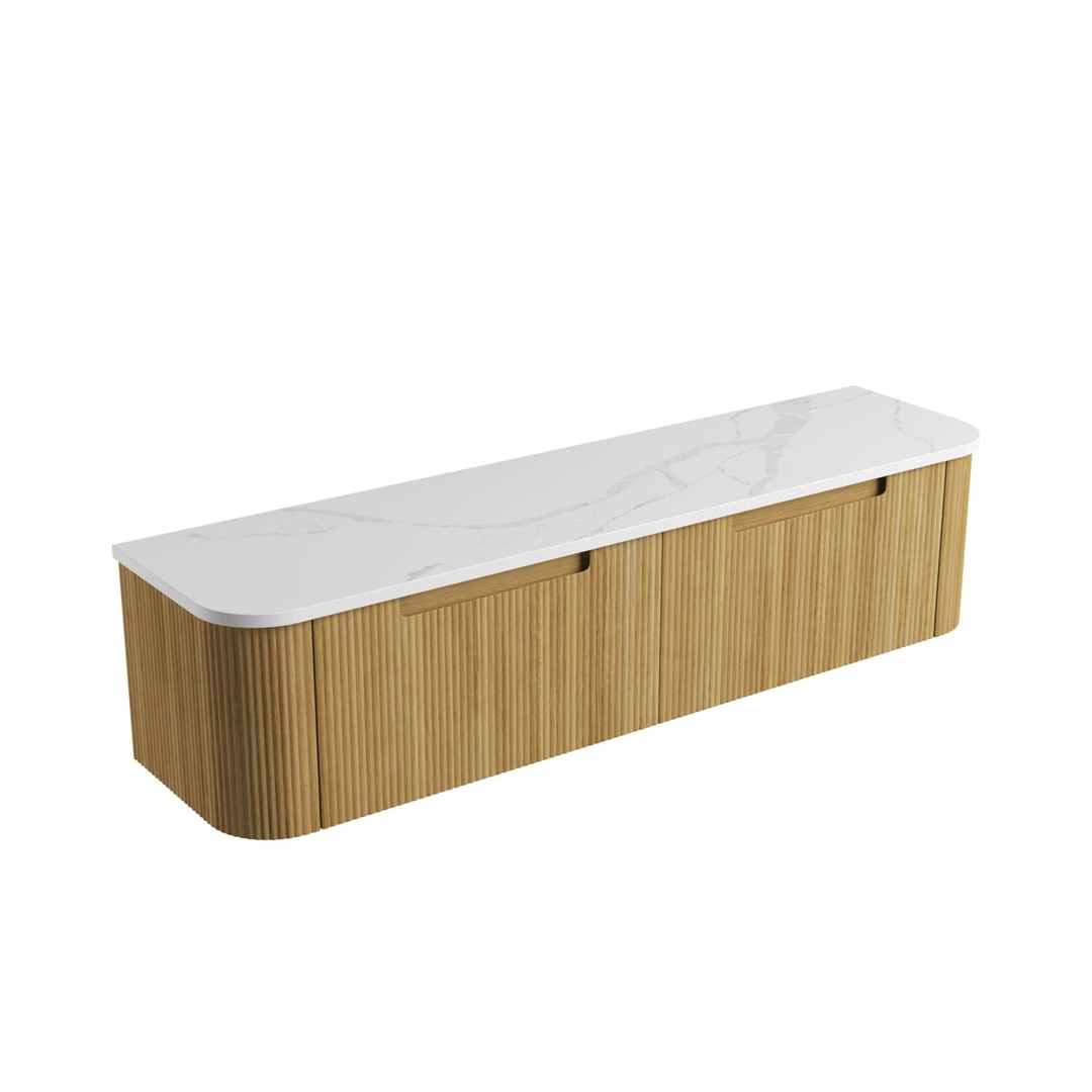 Aulic Varcelli Mono Wall Hung H/Oak Fluted Curved Cabinet 1800X460X425mm & Palis White Flat Stone Top