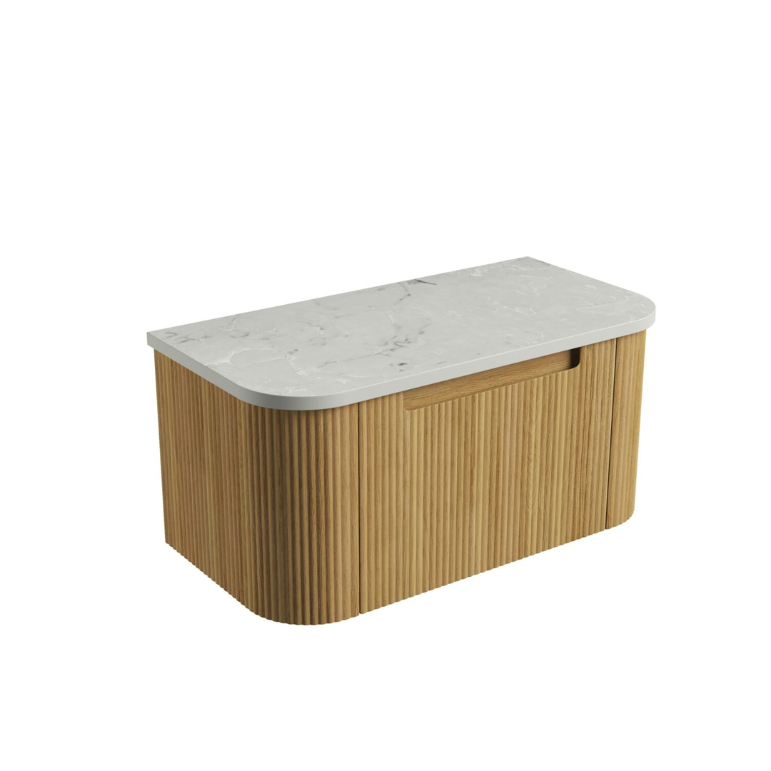 Aulic Varcelli Mono Wall Hung Harvest Oak Fluted Curved Cabinet 900X460X425mm & Alpine Flat Stone Top