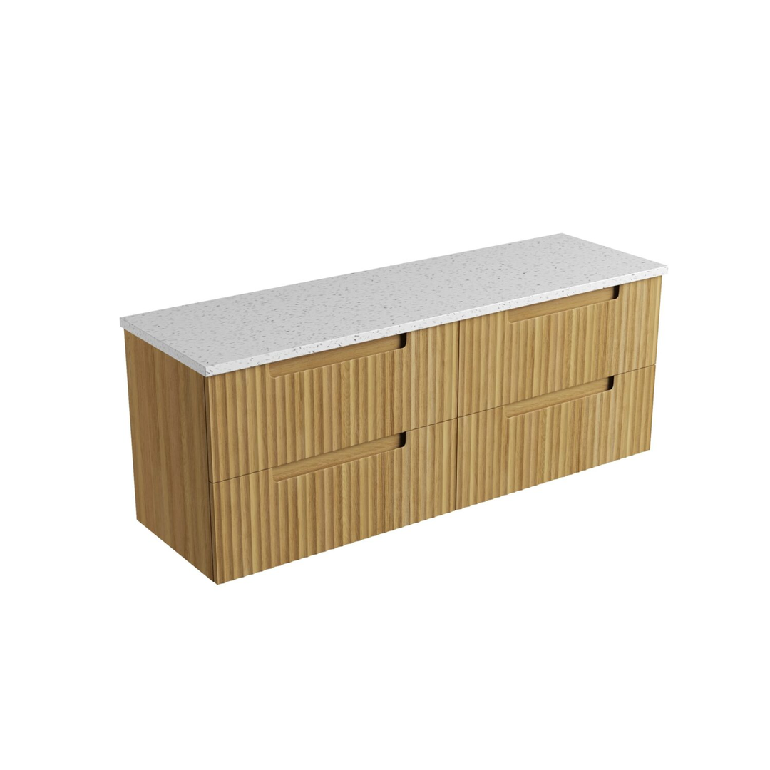 Aulic Lovina Tier Wall Hung Single Harvest Oak Fluted Cabinet 1500X460X425mm With Snow Flat Stone Top
