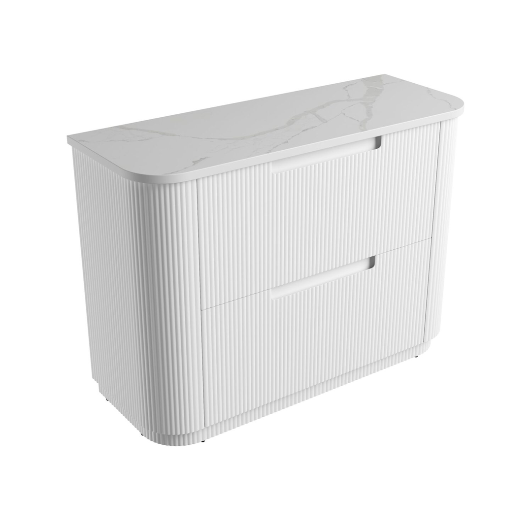 Aulic Curva Floor Standing Matt White Fluted Curved Cabinet 1200X460X880mm With Palis White Flat Stone Top