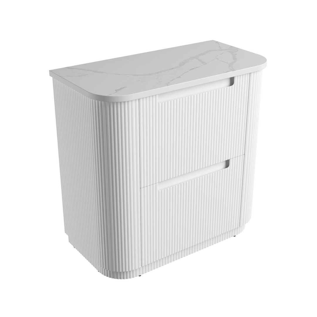 Aulic Curva Floor Standing Matt White Fluted Curved Cabinet 900X460X880mm With Palis White Flat Stone Top