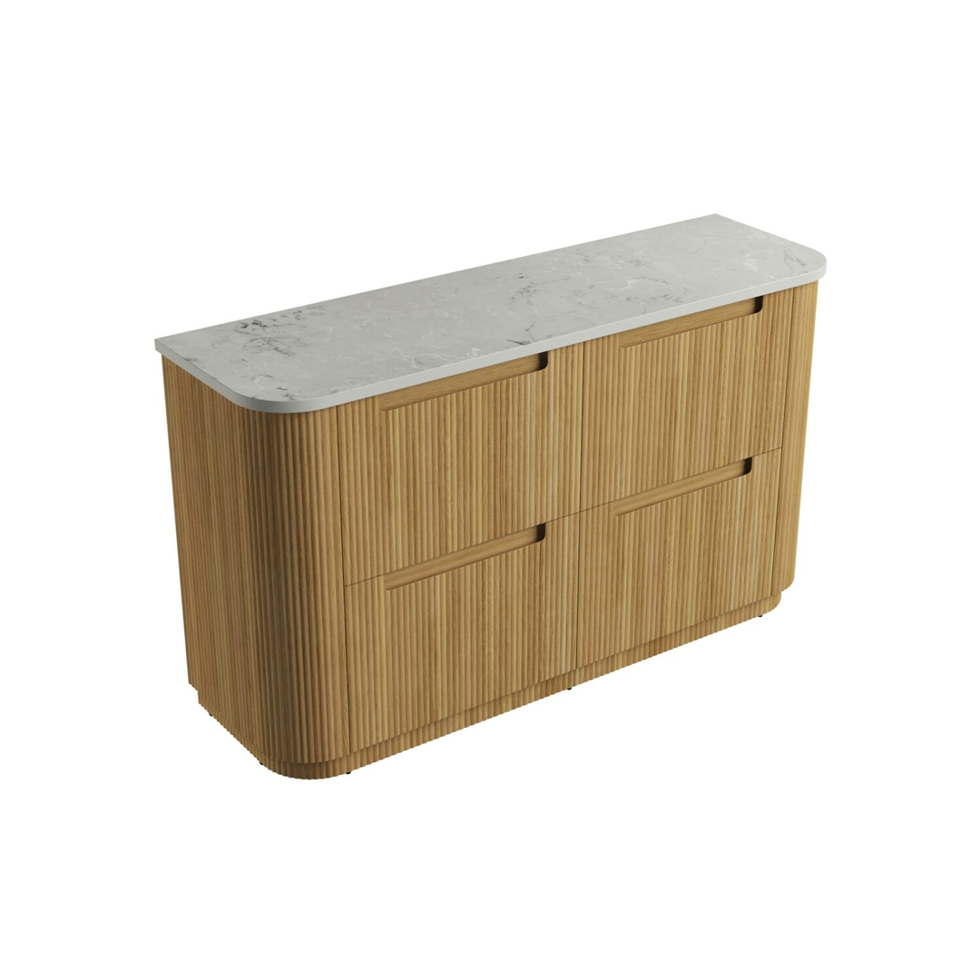 Aulic Varcelli Floor Standing Sgl Harvest Oak Fluted Curved Cabinet 1500X460X880mm & Alpine Flat Stone Top