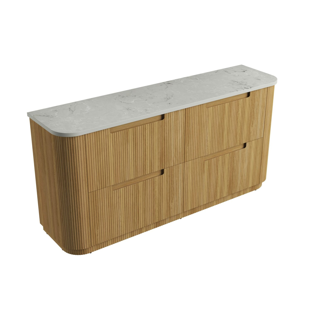 Aulic Varcelli Floor Standing Dbl Harvest Oak Fluted Curved Cabinet 1800X460X880mm & Alpine Flat Stone Top