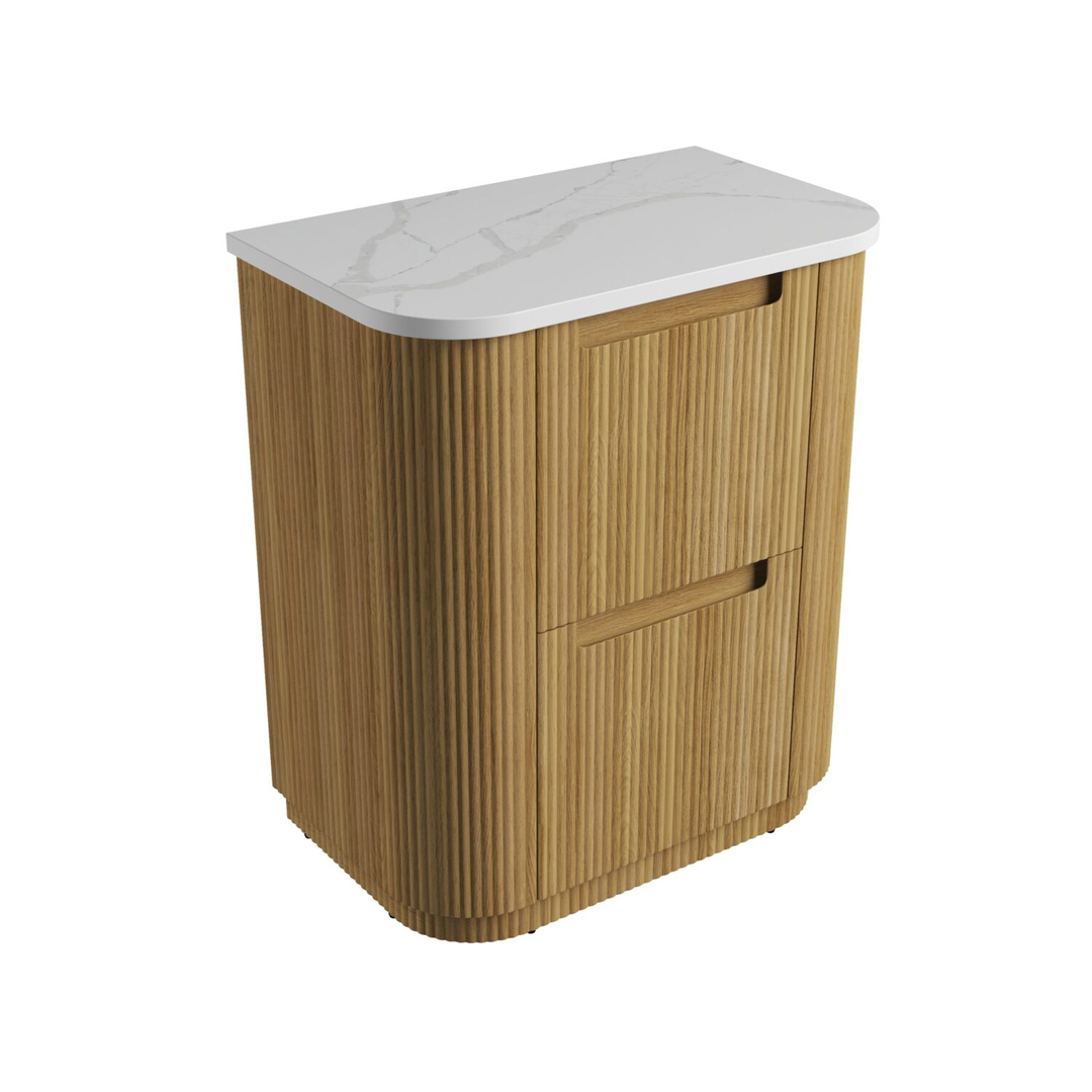 Aulic Varcelli Floor Standing Harvest Oak Fluted Curved Cabinet 750X460X880mm & Palis White Flat Stone Top